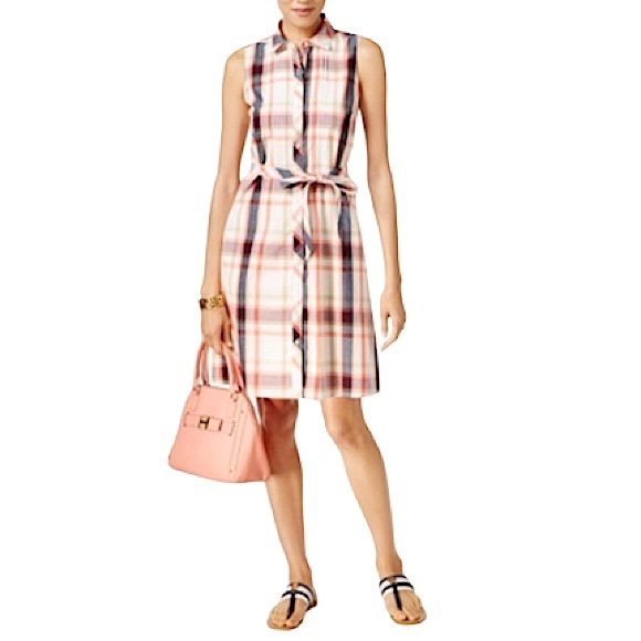 Tommy Hilfiger Cotton Linen Blend Check Sleeveless Tie A-Line Buttoned Dress S/P - Picture 1 of 13